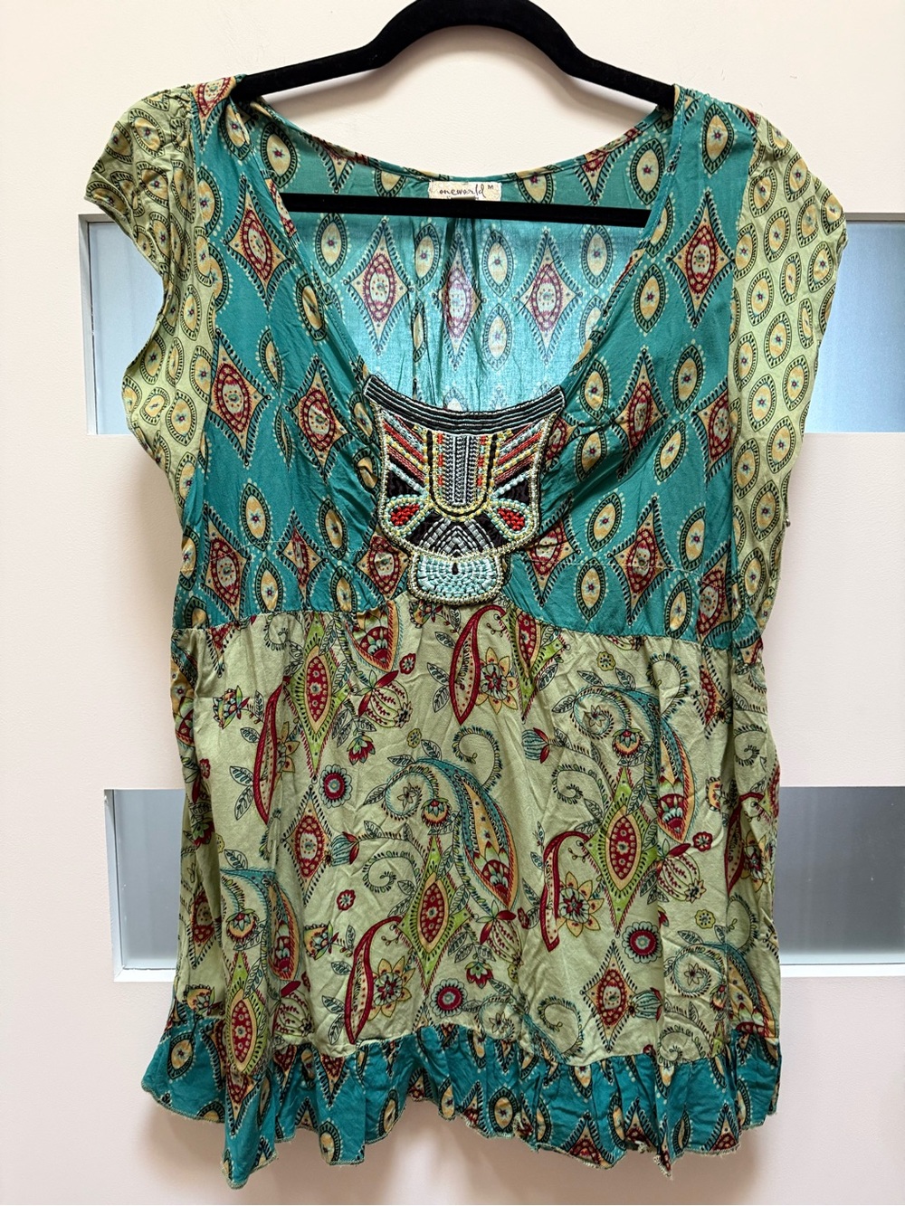 ONE WORLD Teal & Light Green Embroidered Boho Tunic